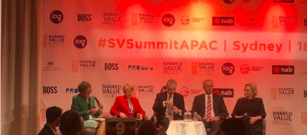 5 people facing a crowd at the shared value summit Asia Pacific with a background of logos on the wall and red lighting